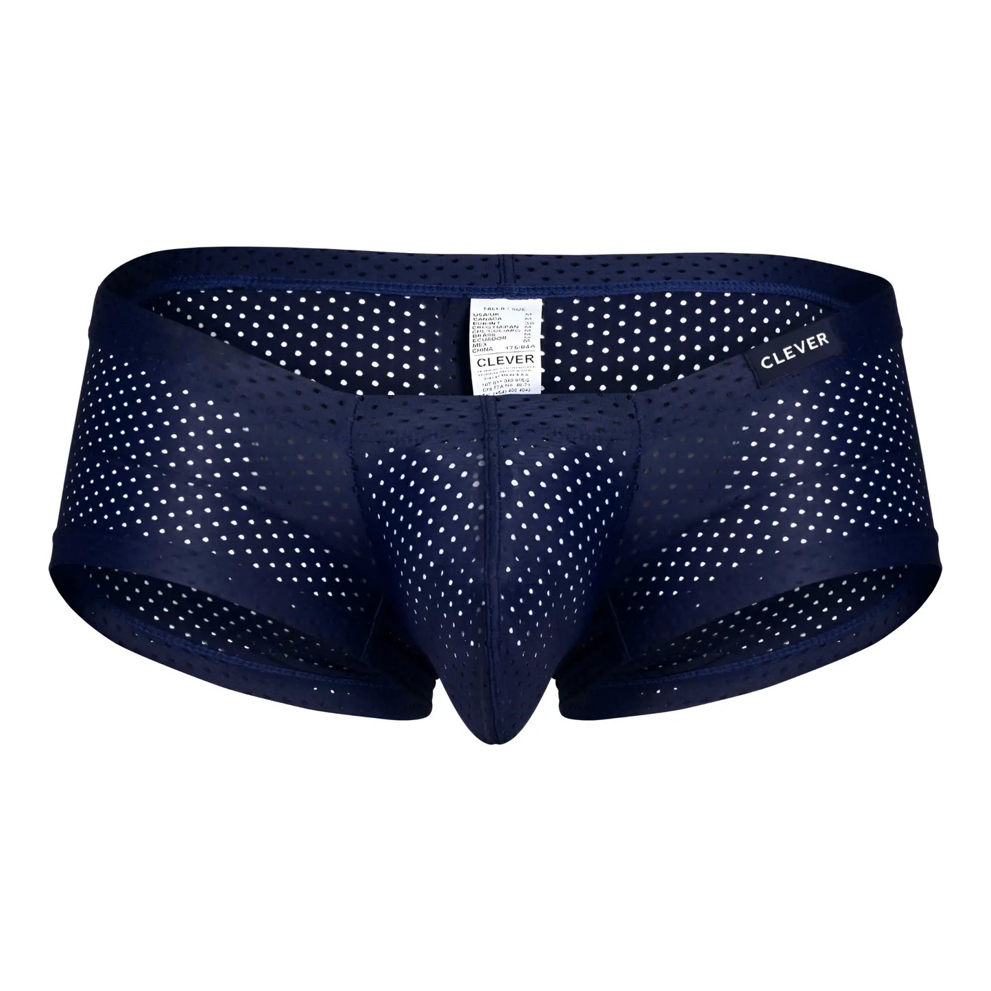 Navy blue perforated mesh men’s underwear with white polka dots and clever brand label in black red and blue trunks pack