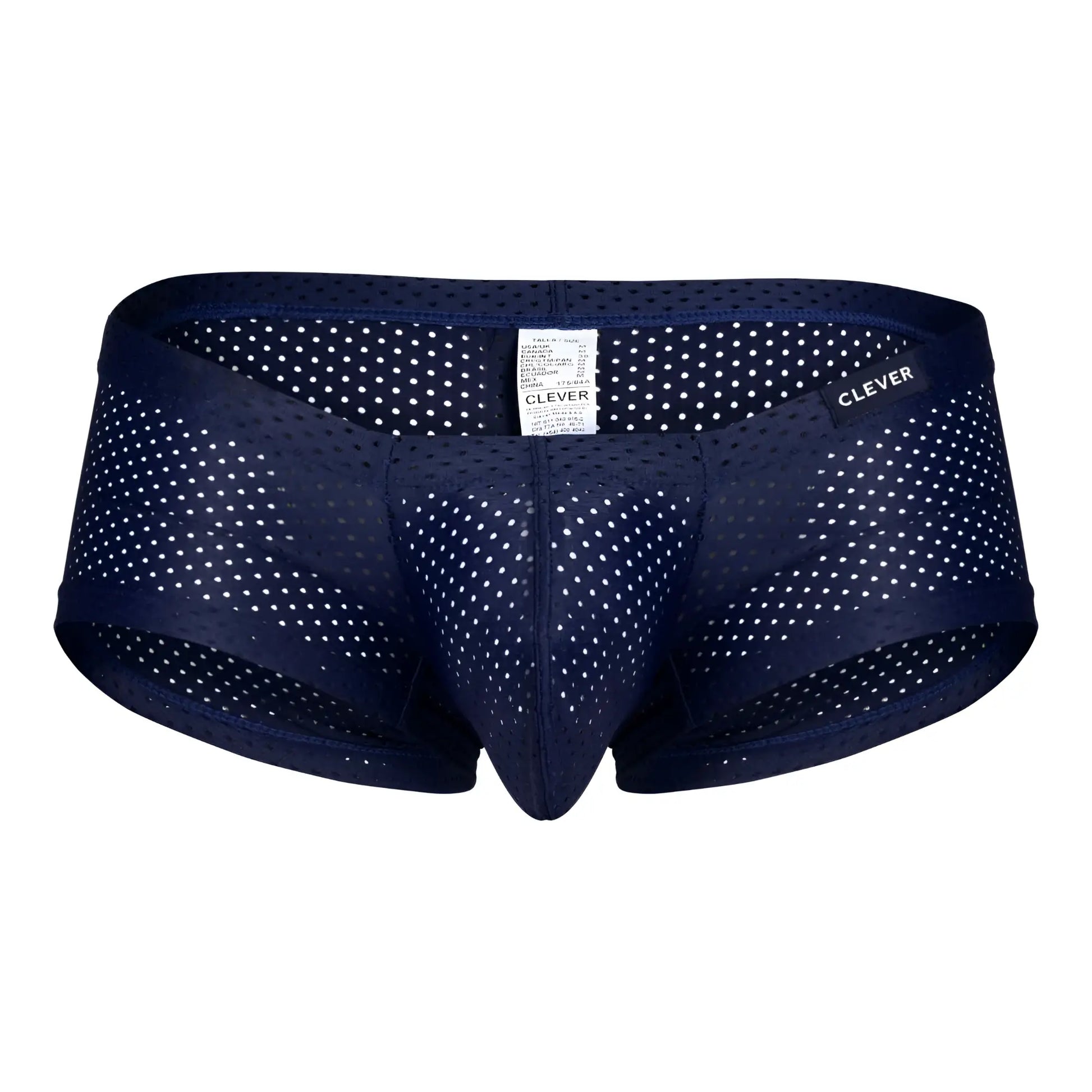 Navy blue perforated mesh men’s underwear with white polka dots and clever brand label in black red and blue trunks pack