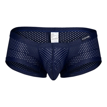Navy blue perforated mesh men’s underwear with white polka dots and clever brand label in black red and blue trunks pack