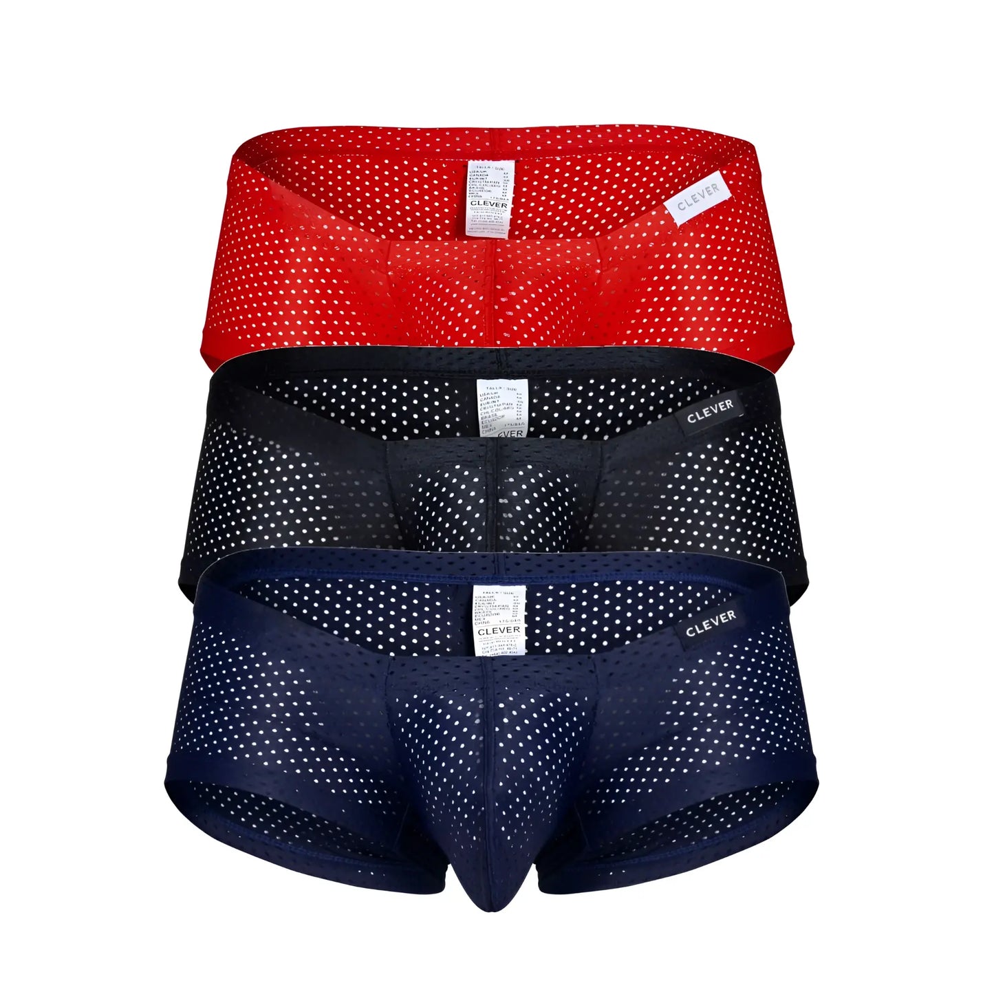 Three pairs of clever Australian latin trunks breathable mesh briefs in black red and blue with white polka dots