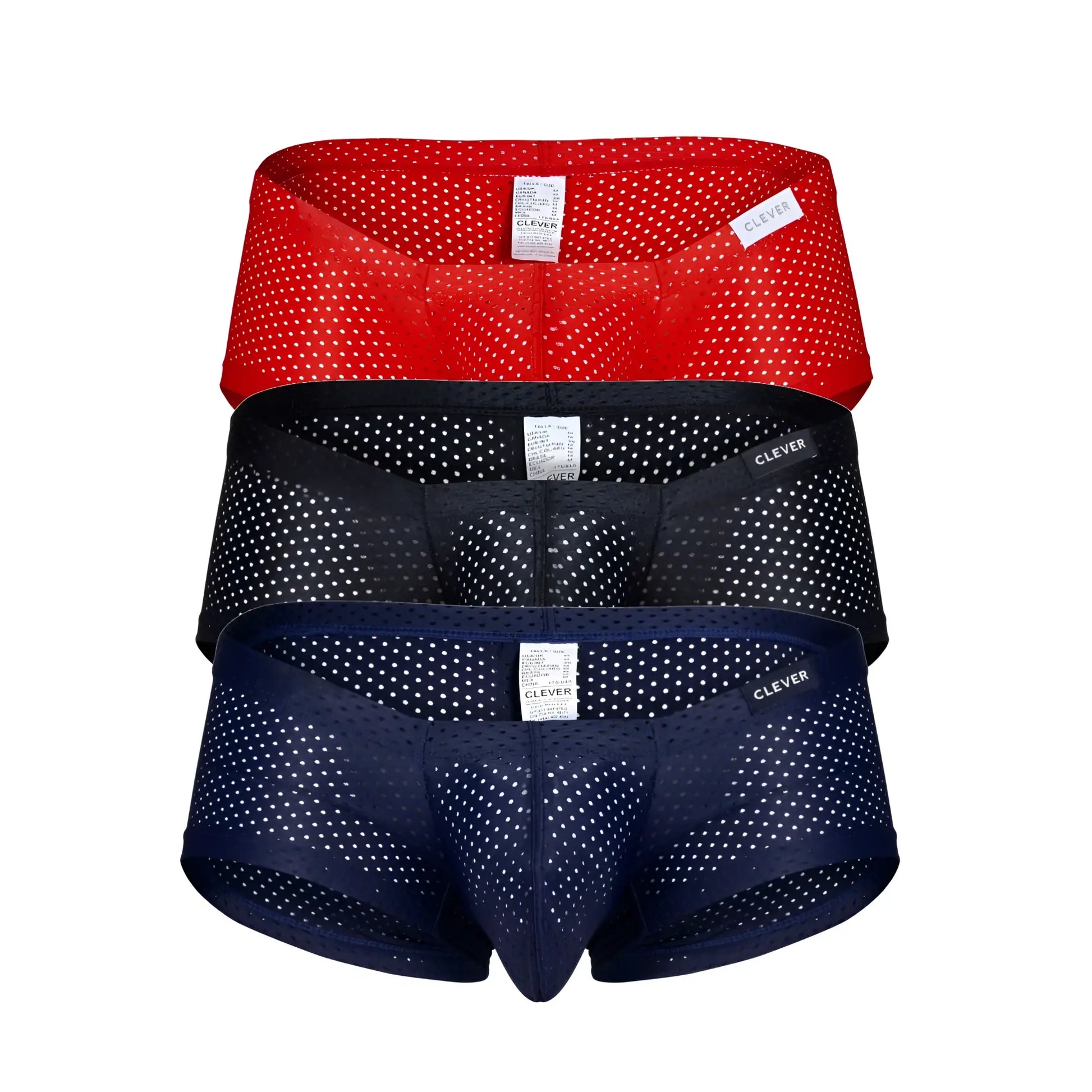 Three pairs of clever Australian latin trunks breathable mesh briefs in black red and blue with white polka dots