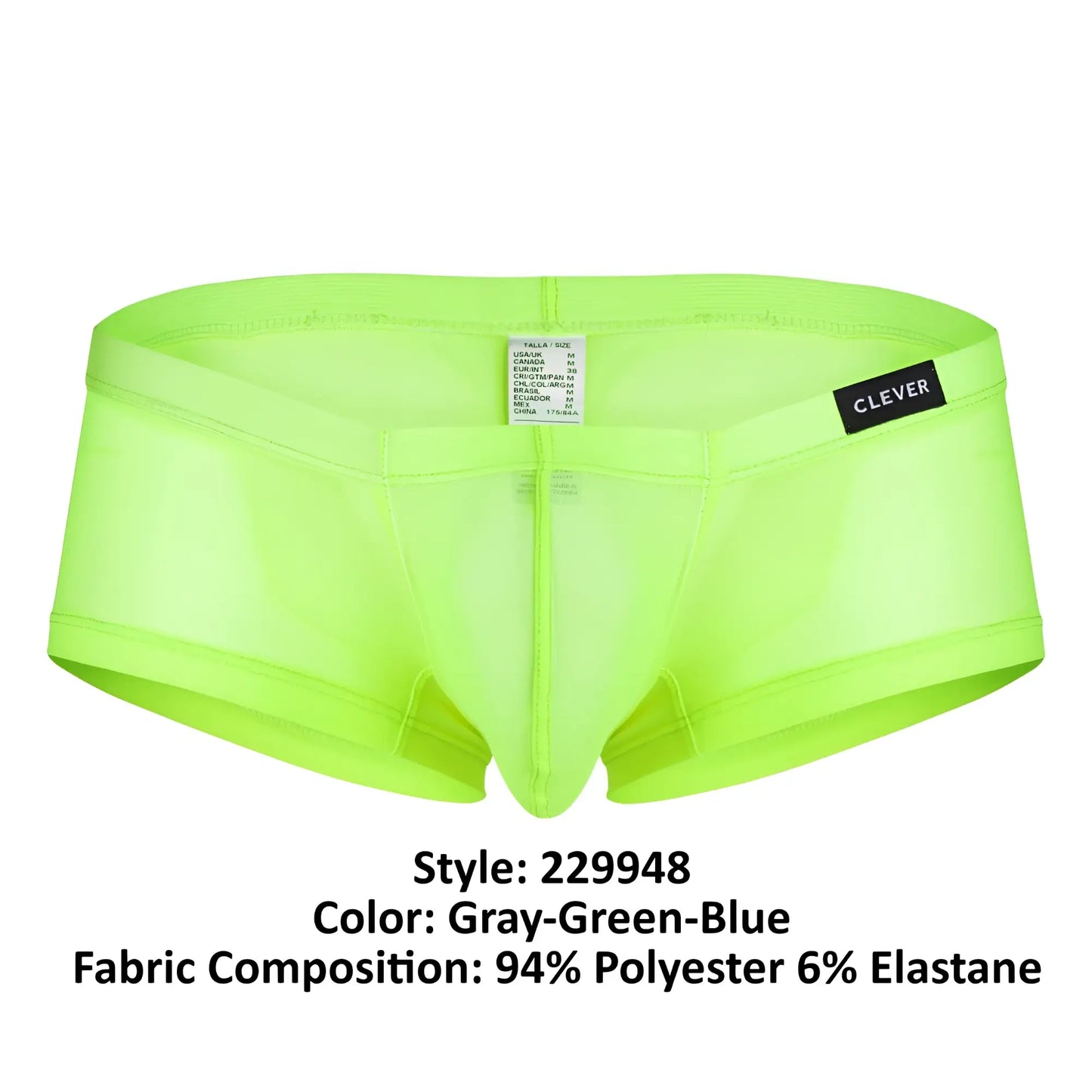 Bright neon green sheer men’s briefs with black clever label on waistband from clever 229948 3pk australian latin trunks