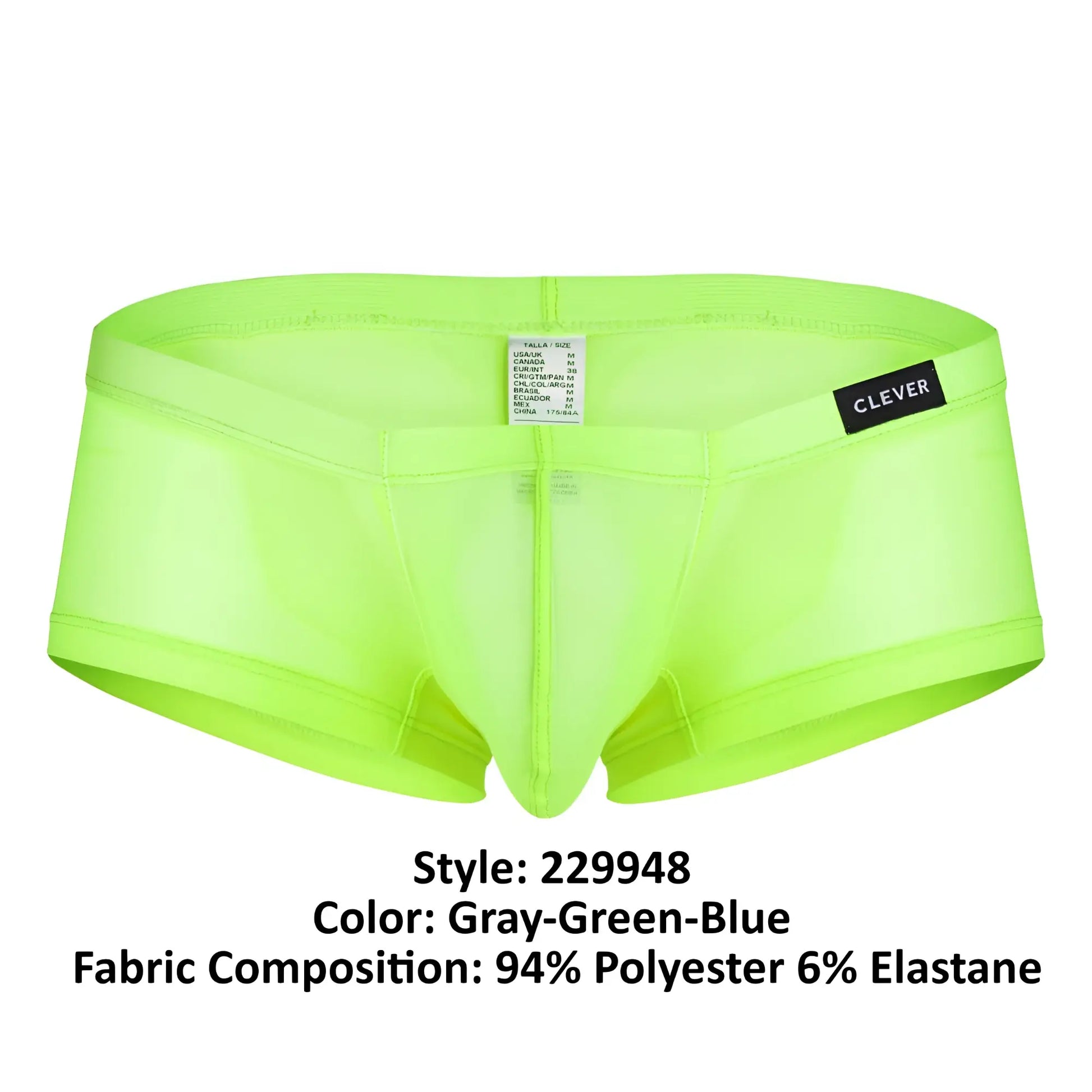 Bright neon green sheer men’s briefs with black clever label on waistband from clever 229948 3pk australian latin trunks