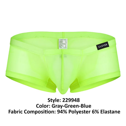 Bright neon green sheer men’s briefs with black clever label on waistband from clever 229948 3pk australian latin trunks