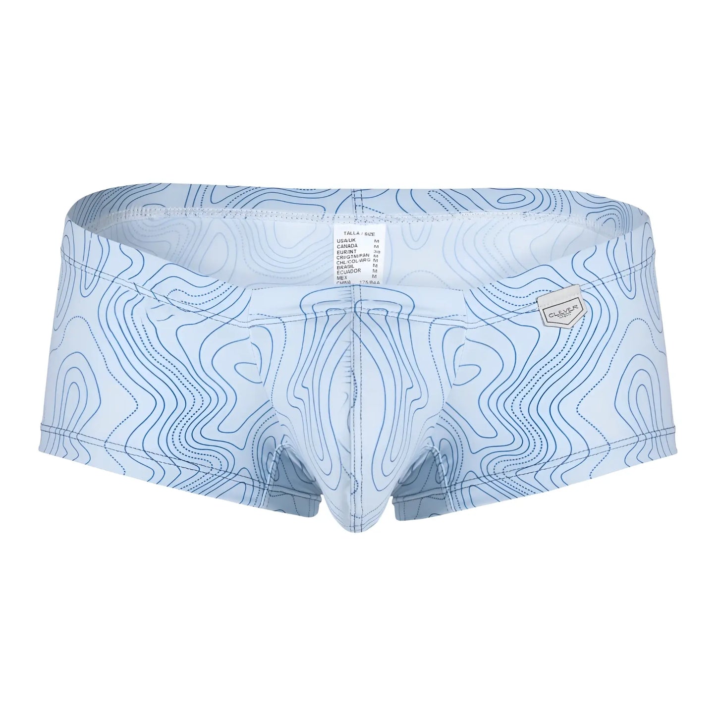 Light blue Clever 229951 Australian Latin swim trunks with darker blue topographic map pattern in a three-pack set