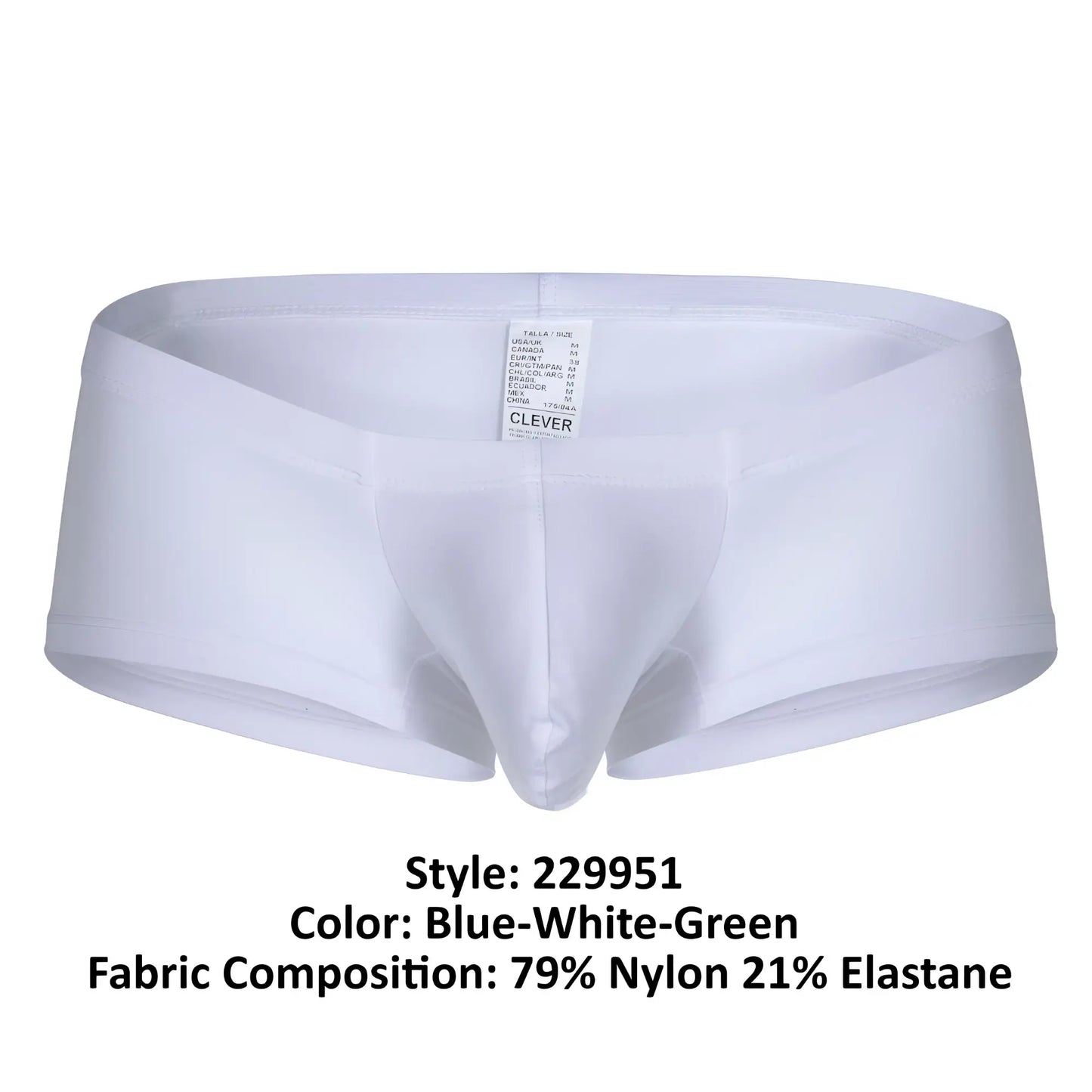 White men’s briefs clever 229951 in blue white green made of 79% nylon and 21% elastane fabric