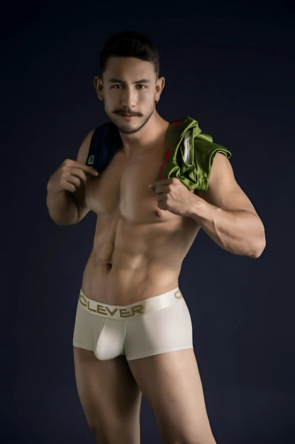 Cream-colored clever branded boxer briefs with gold embroidered waistband from clever 229953 3pk australian latin trunks