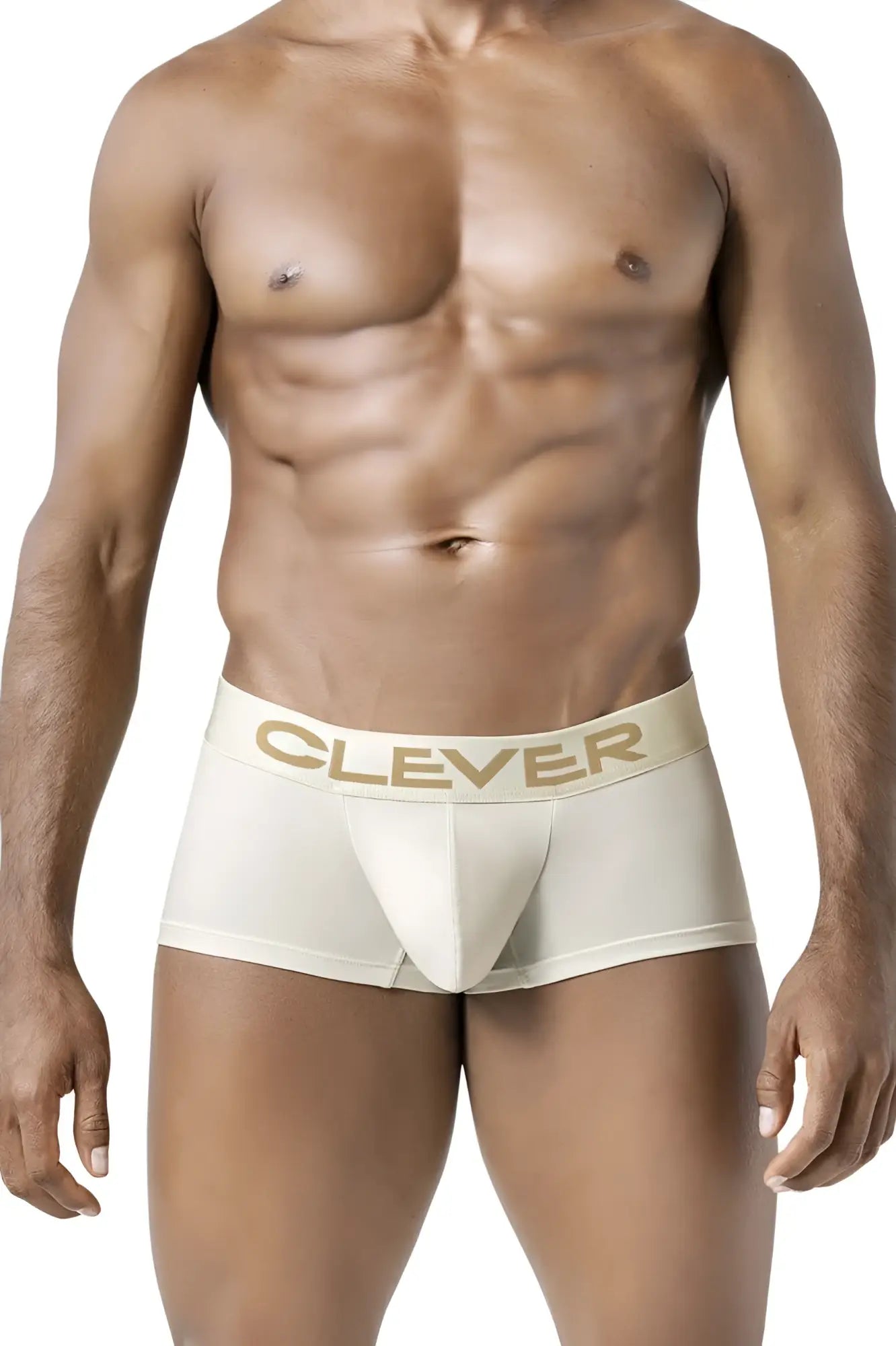 Cream-colored form-fitting boxer briefs with a gold clever logo on the waistband from clever 229953 3pk trunks
