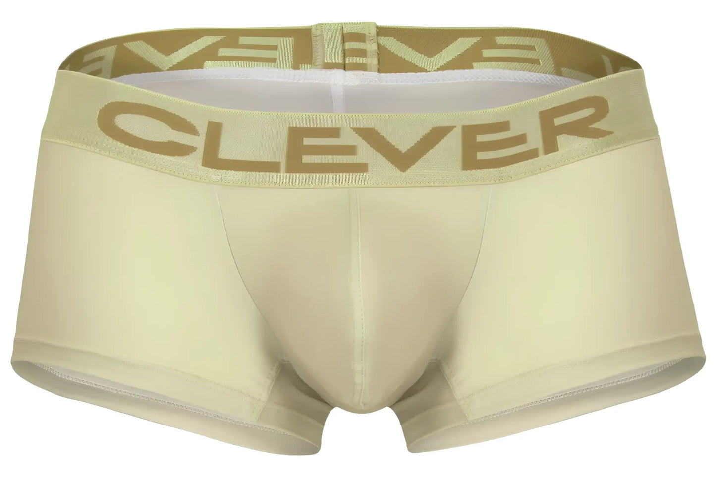 Cream-colored clever men’s boxer briefs with gold logo waistband from the 3PK Australian Latin trunks set
