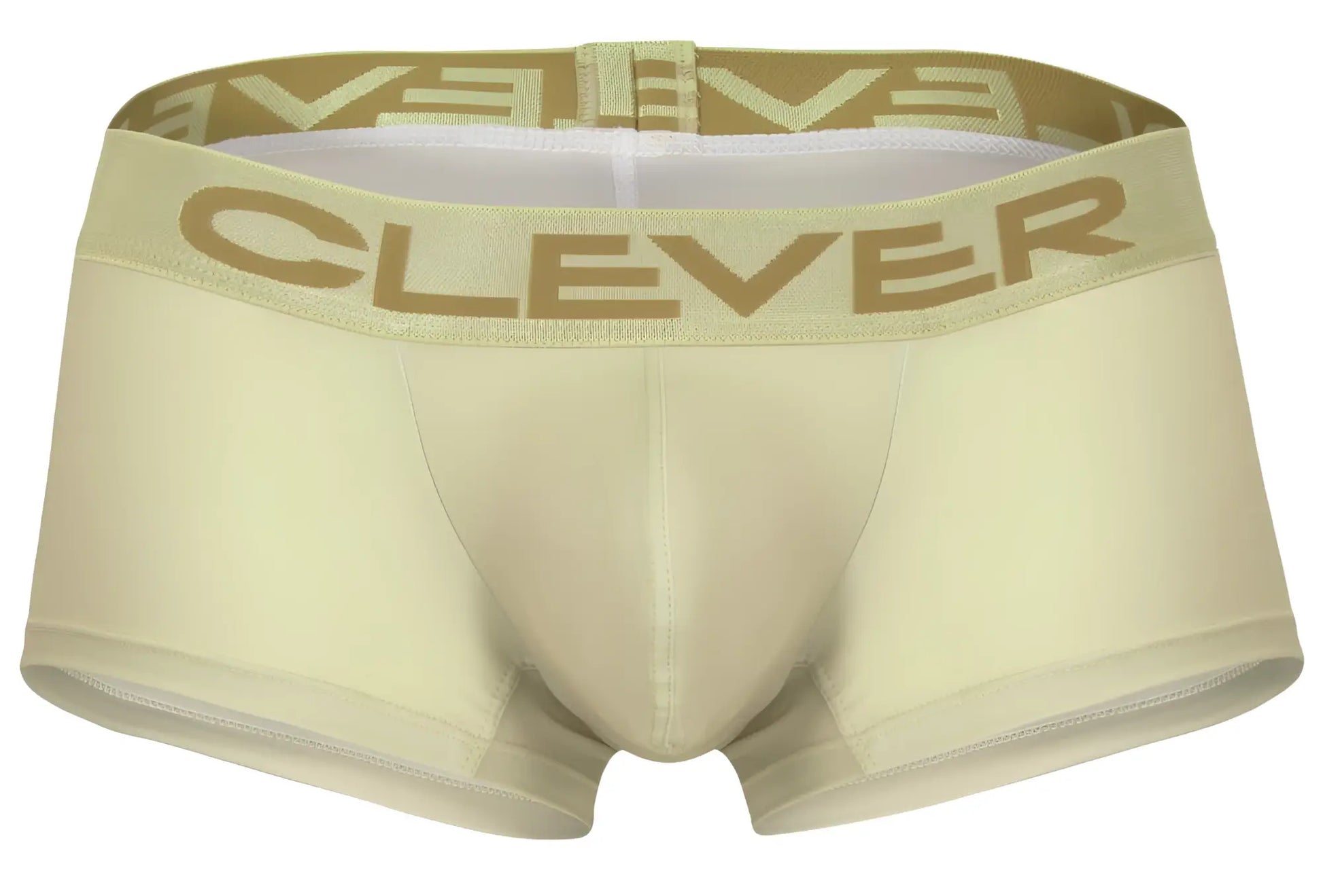 Cream-colored clever men’s boxer briefs with gold logo waistband from the 3PK Australian Latin trunks set