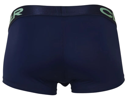 Dark navy boxer briefs with matching elastic waistband and light green lettering from clever 229953 3pk trunks