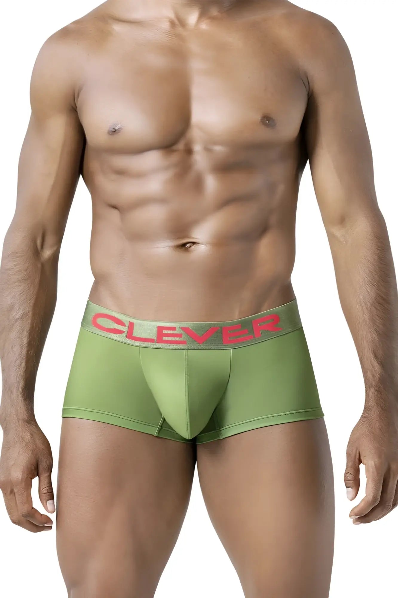 Olive green boxer briefs with red clever logo on waistband from clever 229953 3pk australian latin trunks set