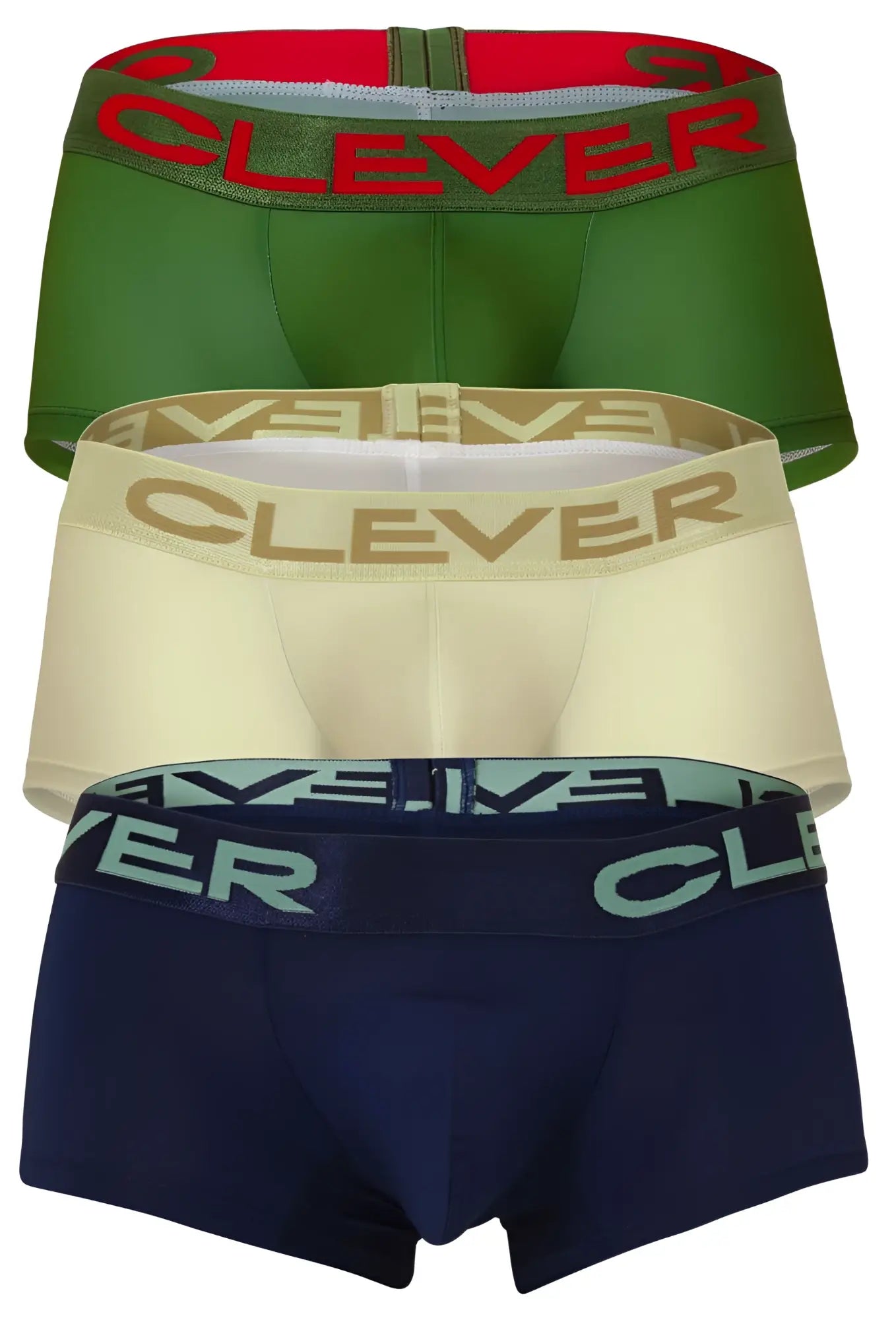 Three pairs of clever australian latin trunks briefs in beige blue and green with logo elastic waistbands