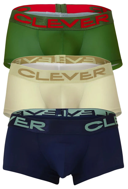 Three pairs of clever australian latin trunks briefs in beige blue and green with logo elastic waistbands