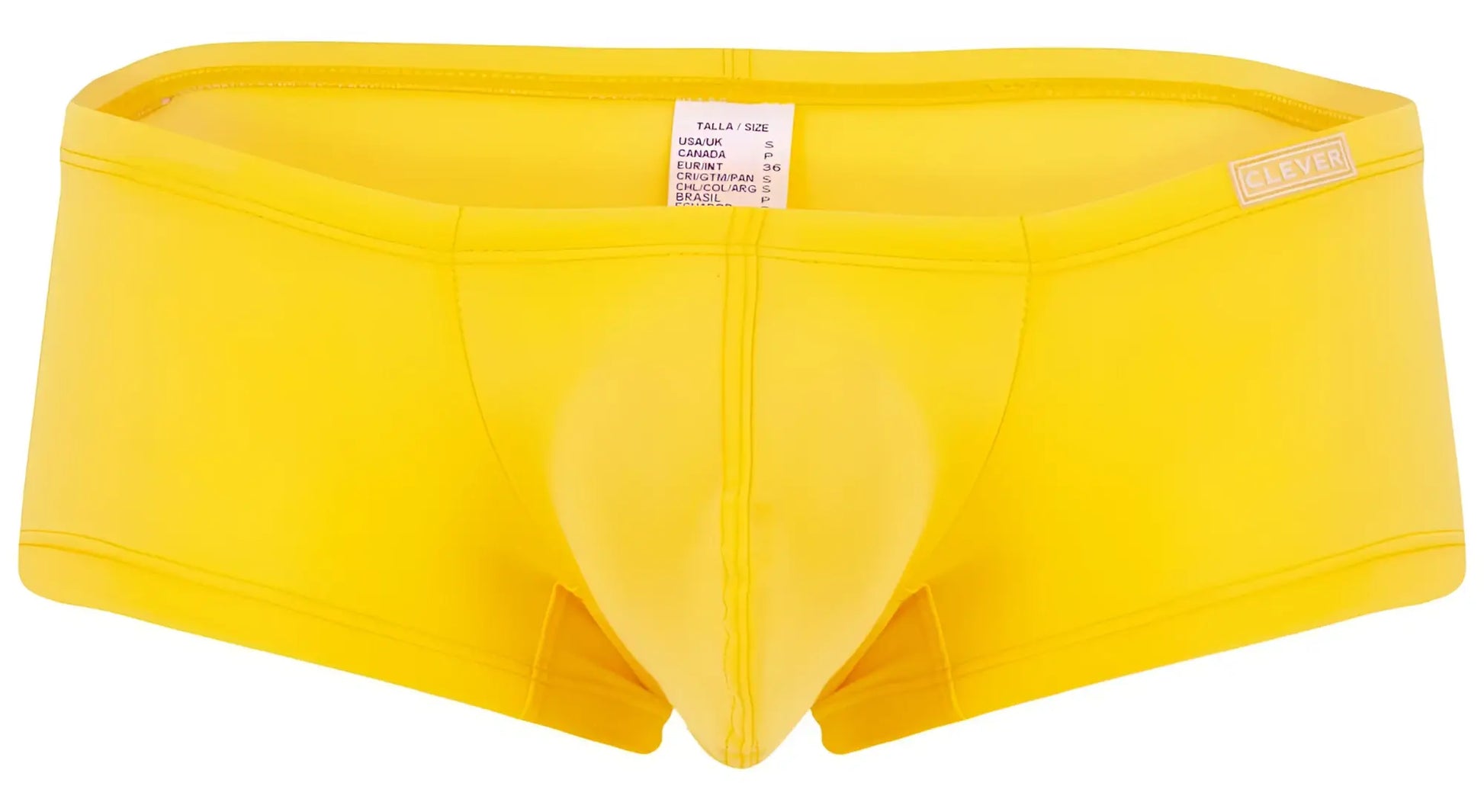 Bright yellow clever 229956 men’s briefs with molded pouch and small brand label on waistband from multi-colored pack