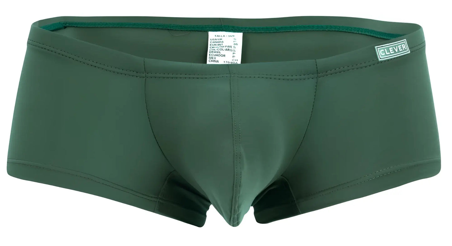 Dark green form-fitting swim trunks with subtle seams and clever logo on waistband from clever 229956 12pk australian latin trunks collection