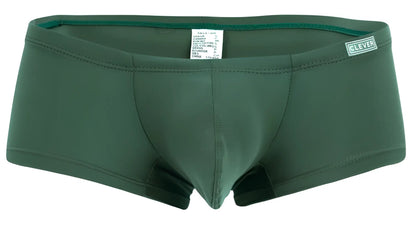 Dark green form-fitting swim trunks with subtle seams and clever logo on waistband from clever 229956 12pk australian latin trunks collection