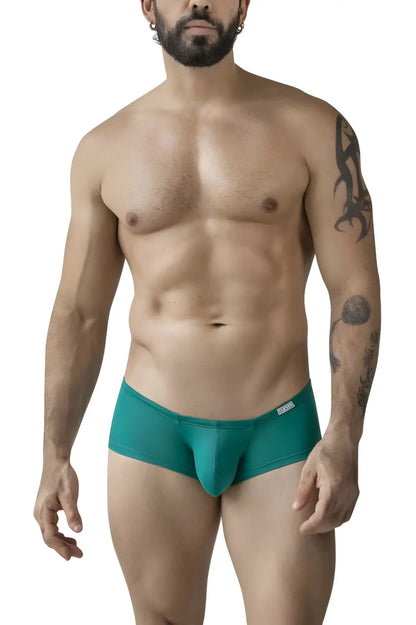 Teal-colored men’s briefs with a snug fit and small brand tag on the waistband from clever 229956 12pk trunks