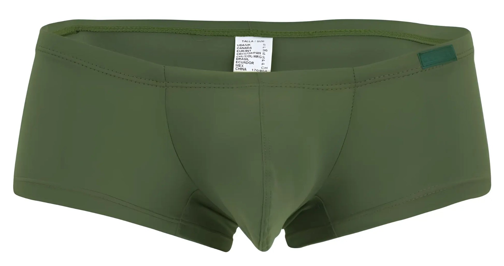Olive green clever 229957 australian latin trunks with smooth stretchy fabric and small teal tag on waistband