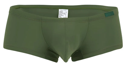 Olive green clever 229957 australian latin trunks with smooth stretchy fabric and small teal tag on waistband