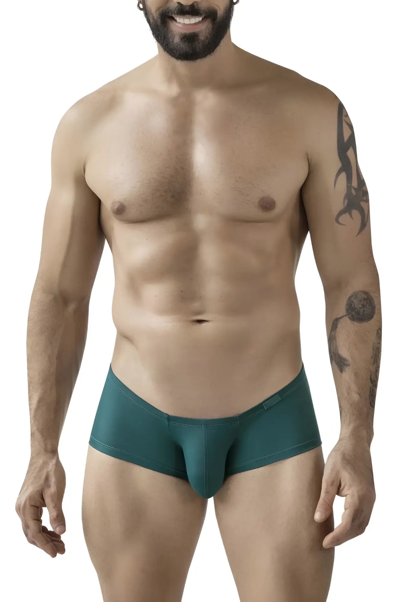 Teal form-fitting clever men’s briefs with smooth stretchy fabric and subtle brand tag on waistband multi-colored trunks