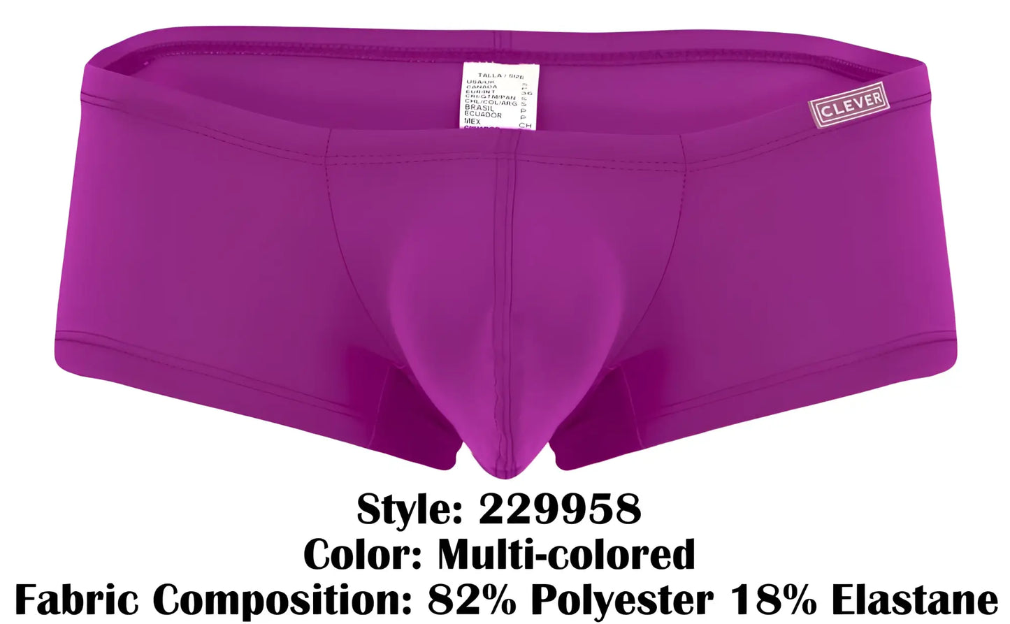 Purple men’s briefs with supportive contoured design and clever brand label on waistband multi-colored trunks