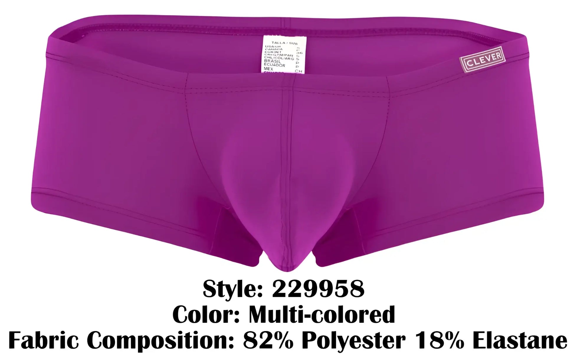 Purple men’s briefs with supportive contoured design and clever brand label on waistband multi-colored trunks