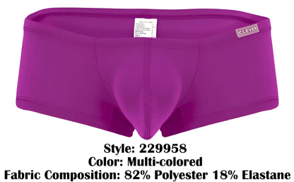 Purple men’s briefs with supportive contoured design and clever brand label on waistband multi-colored trunks