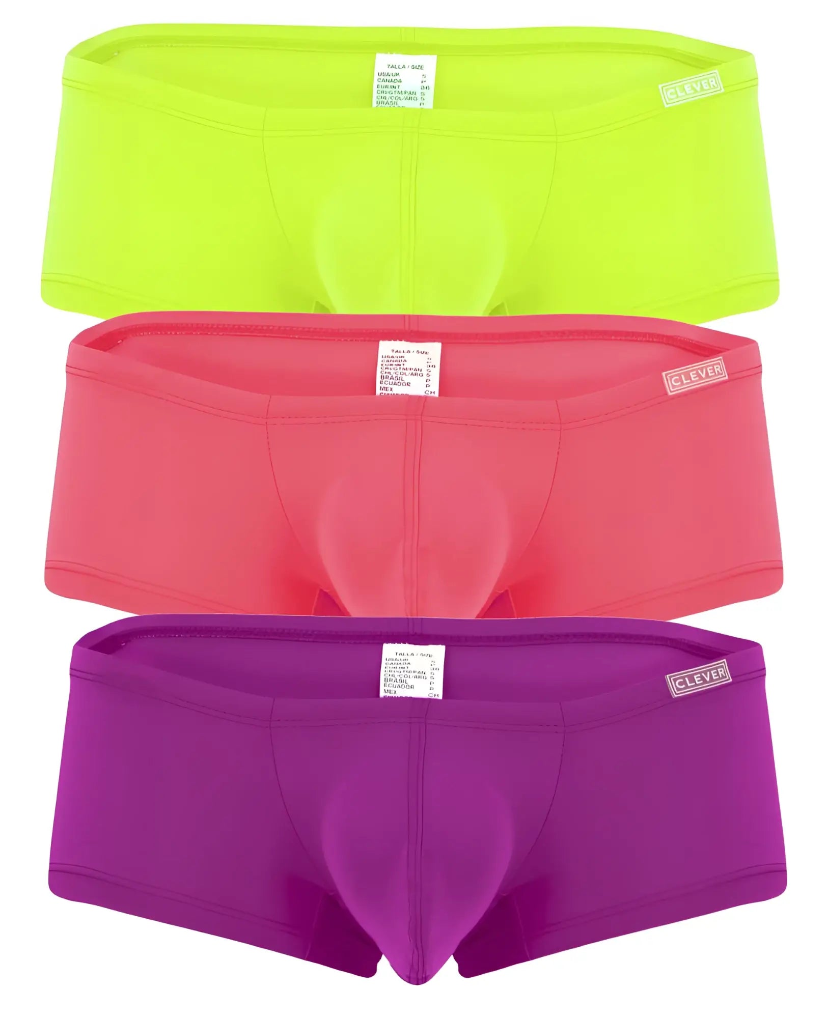 Three pairs of clever 229958 australian latin trunks in lime green coral pink and purple with elastic waistbands