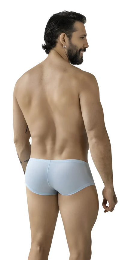 Light blue smooth textured men’s trunks with a snug fit and subtle seam detailing from Clever.