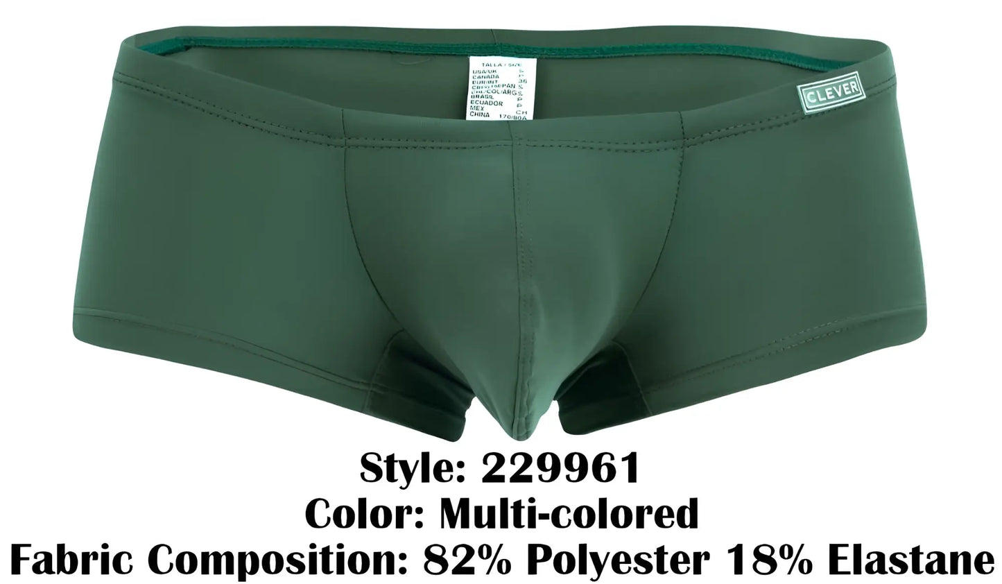 Dark green clever 229961 men’s briefs with smooth stretchy fabric and subtle brand label on waistband in multi-colored pack