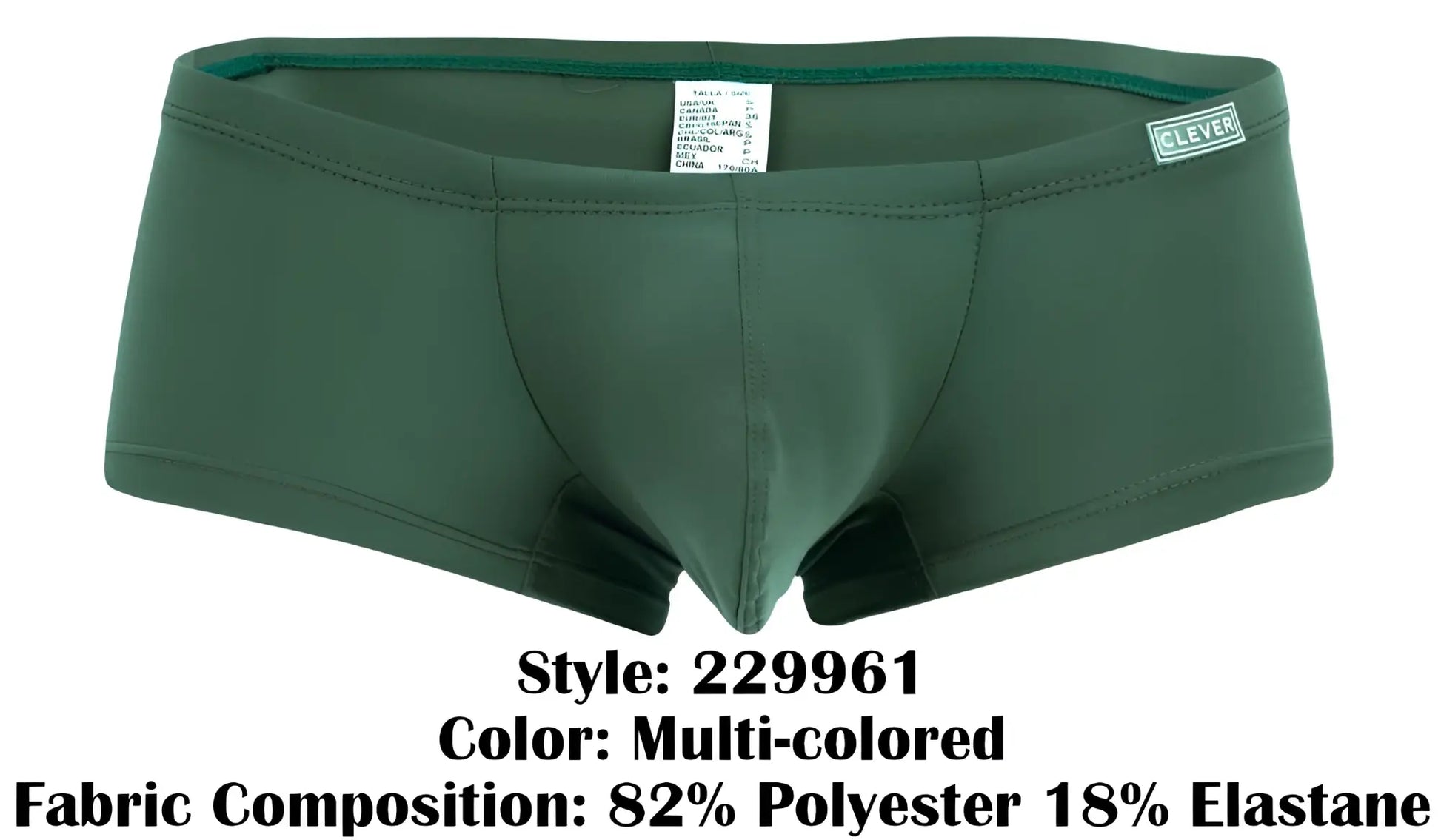 Dark green clever 229961 men’s briefs with smooth stretchy fabric and subtle brand label on waistband in multi-colored pack