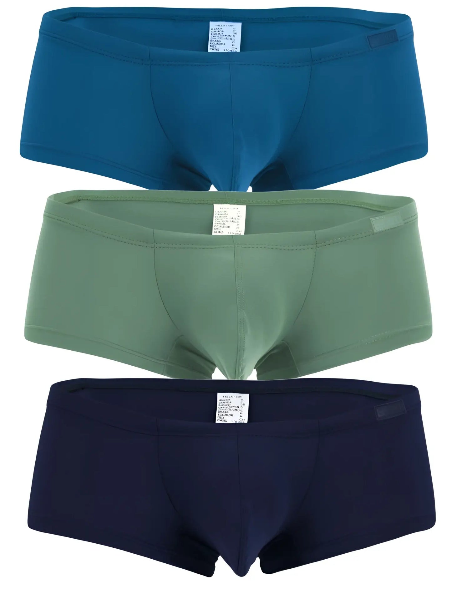 Three pairs of clever 229962 australian latin trunks in solid blue olive green and navy blue colors