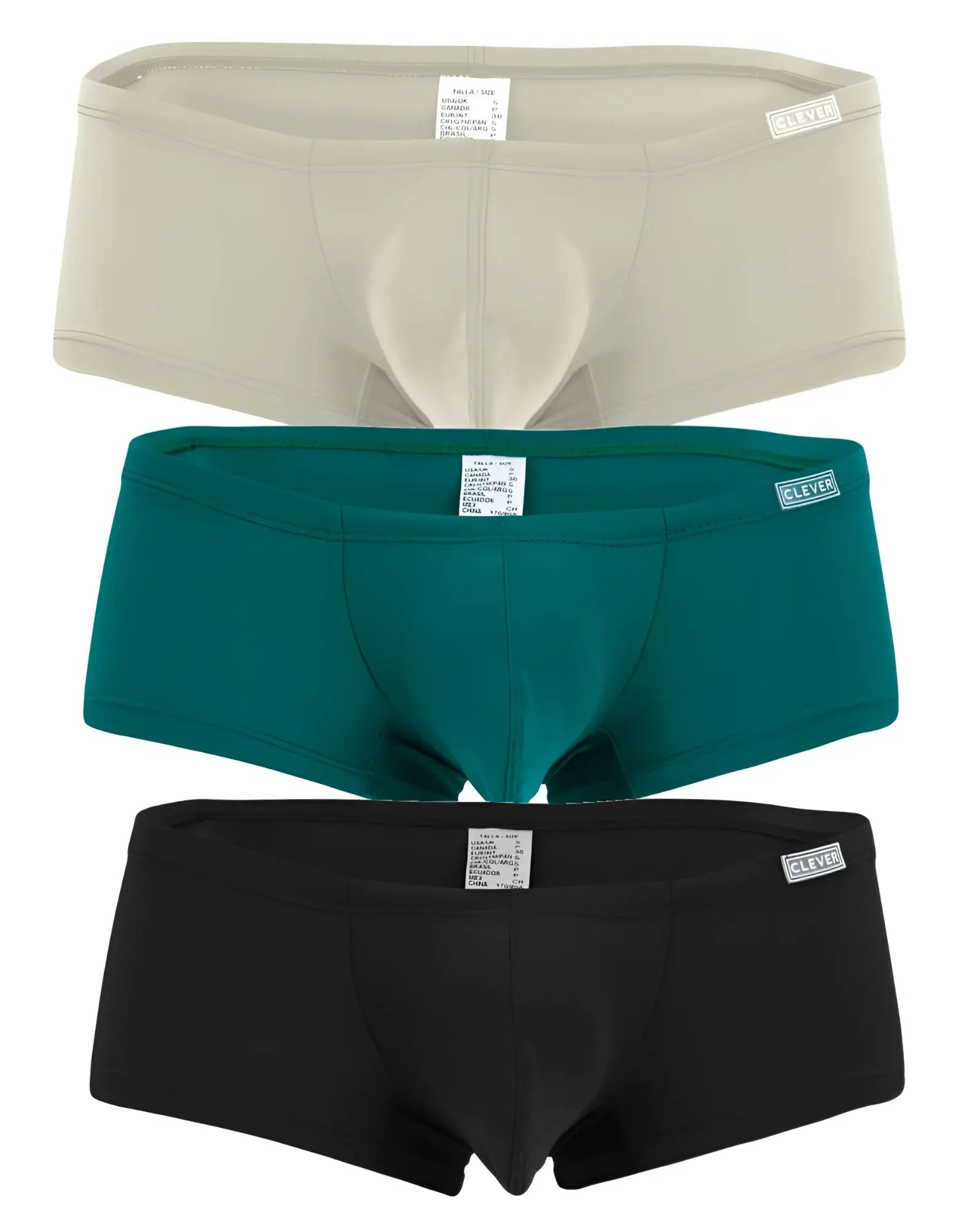 Three pairs of clever brand men’s briefs in beige teal and black australian latin trunks color multi-colored