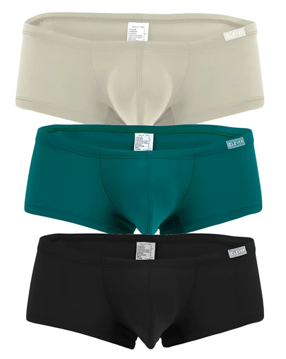 Three pairs of clever brand men’s briefs in beige teal and black australian latin trunks color multi-colored