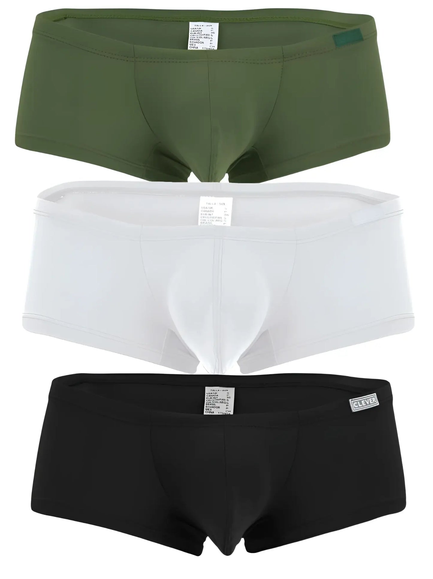 Three pairs of clever australian latin trunks in olive green white and black made from soft breathable fabric