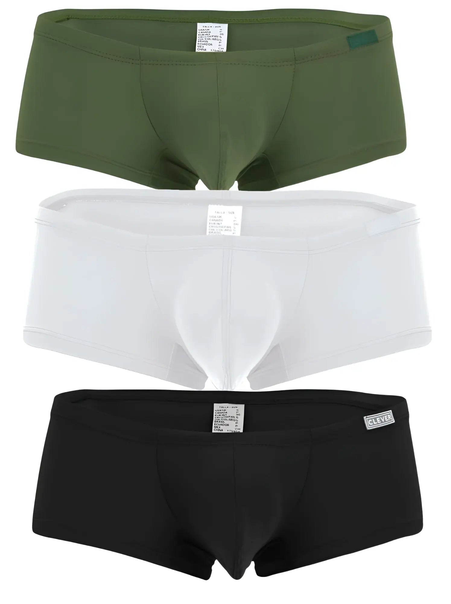 Three pairs of clever australian latin trunks in olive green white and black made from soft breathable fabric