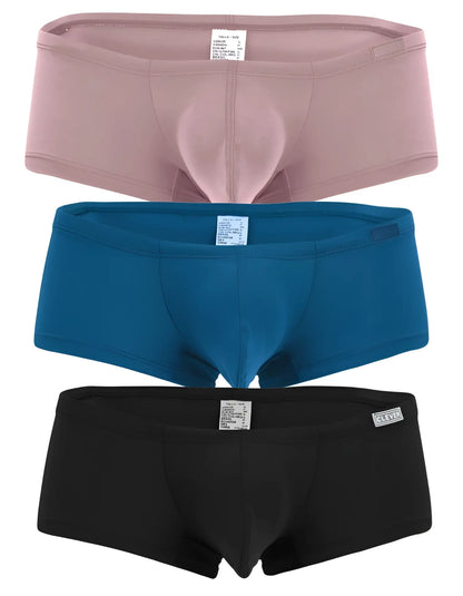 Three pairs of clever australian latin trunks in pink blue and black with smooth fabric and contoured design
