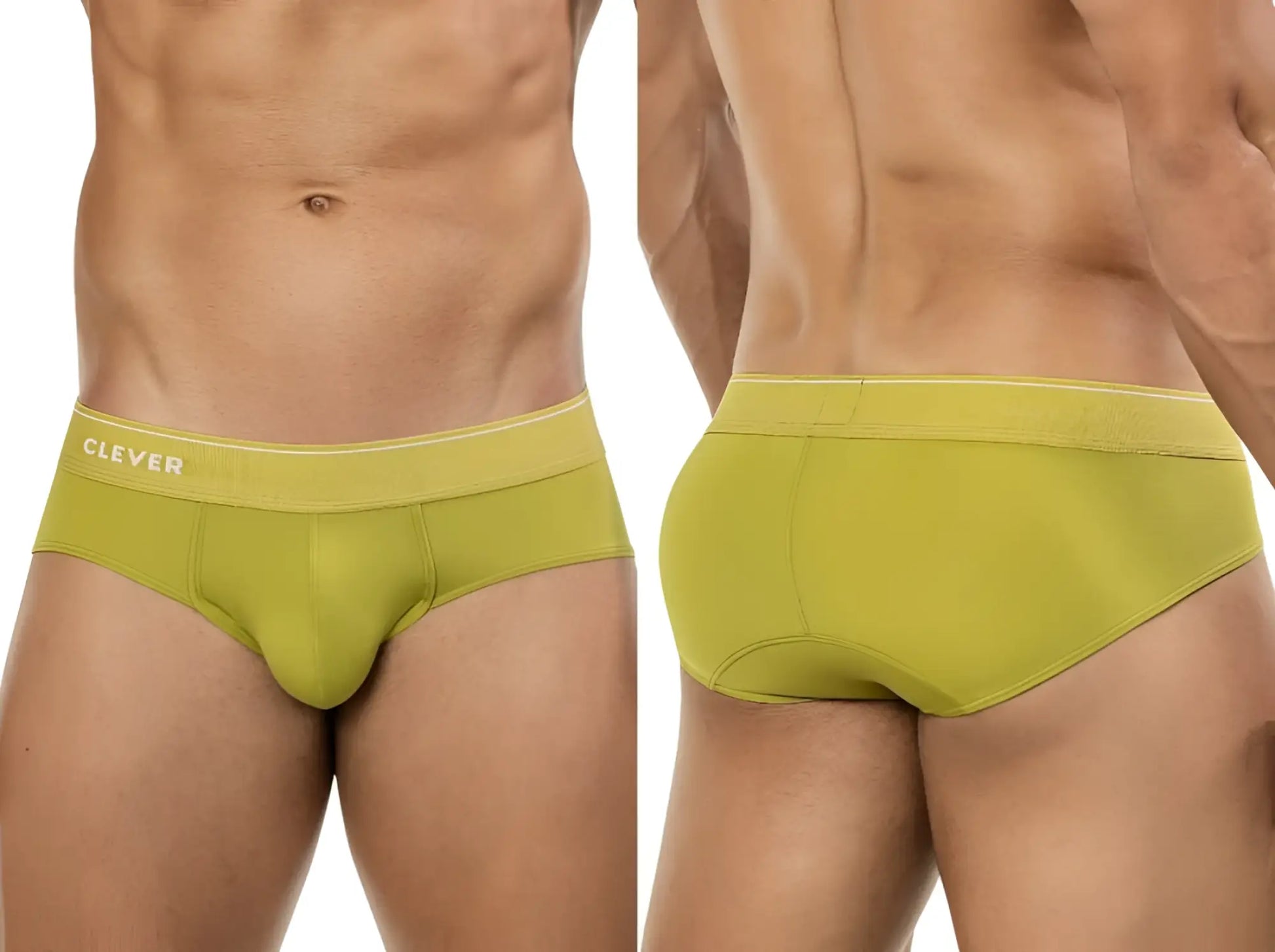 A pair of lime green clever 26012 atenea briefs with a textured waistband featuring the clever brand name in white