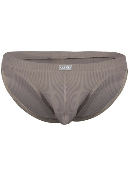 Gray ribbed cotton briefs with clever brand label on waistband for sophisticated comfort and style