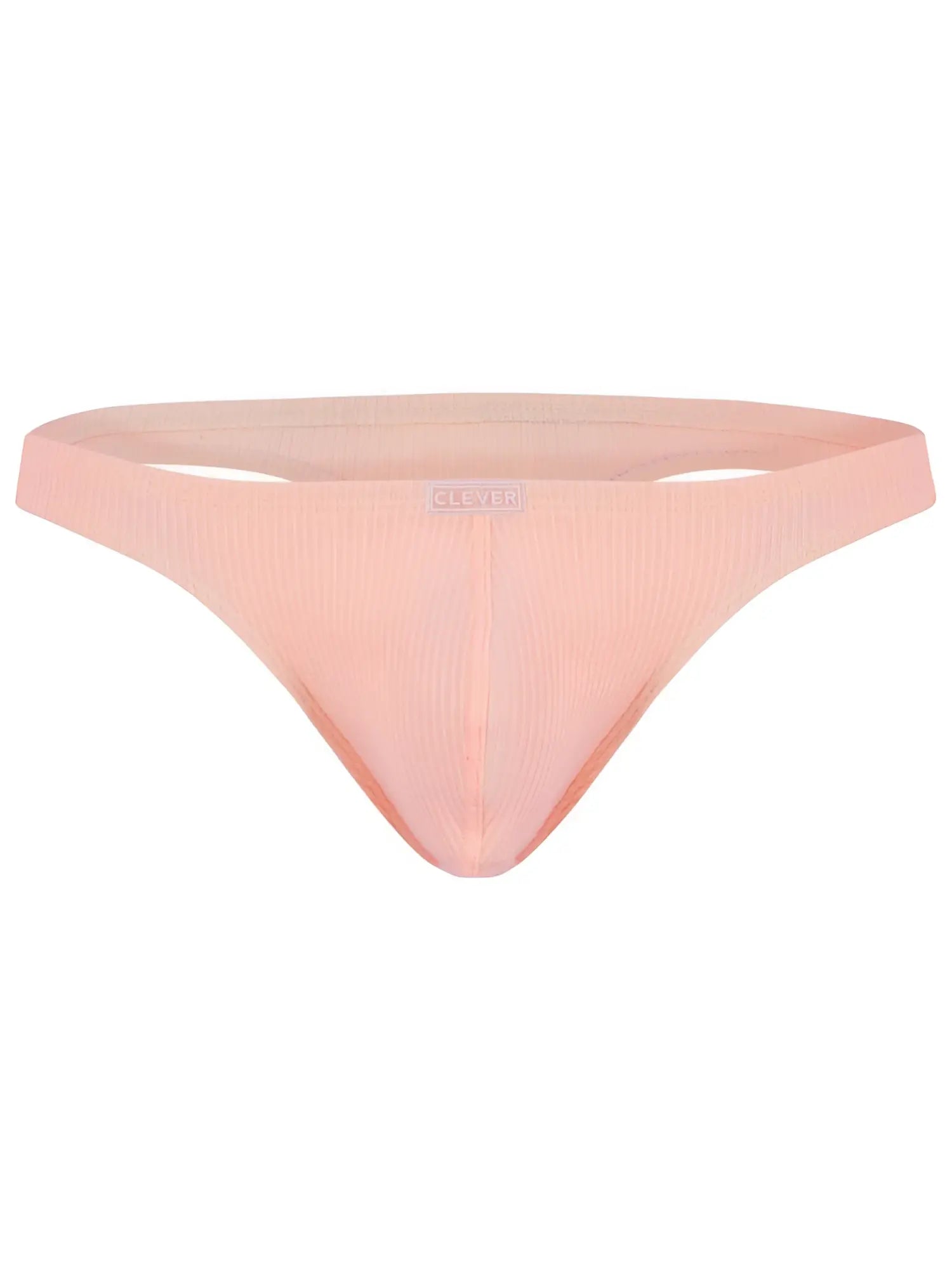 A soft peach-colored ribbed fabric thong with a subtle brand tag at the waistband from clever 26020 apolo