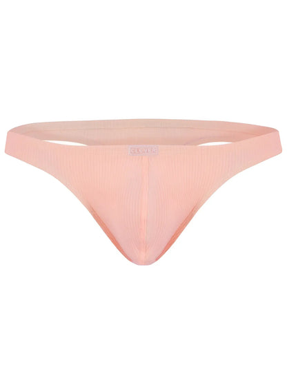 A soft peach-colored ribbed fabric thong with a subtle brand tag at the waistband from clever 26020 apolo