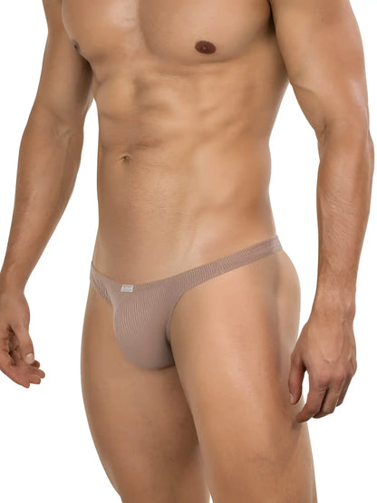 Beige ribbed men’s thong with small brand tag on waistband from clever 26021 apolo thongs in sand color for superior fit