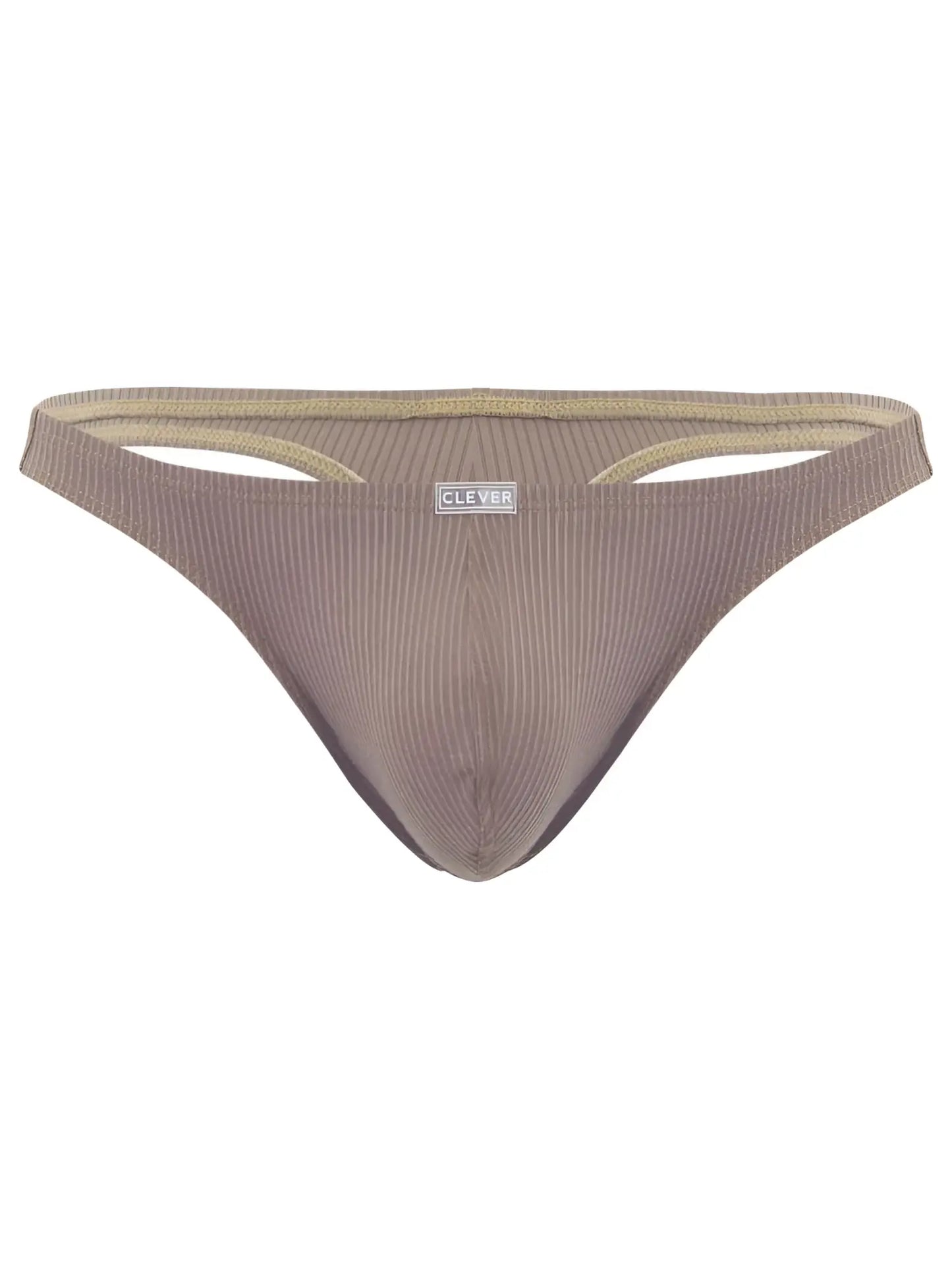 Beige ribbed cotton briefs with subtle gold trim and clever brand label for minimalist sophistication and fit