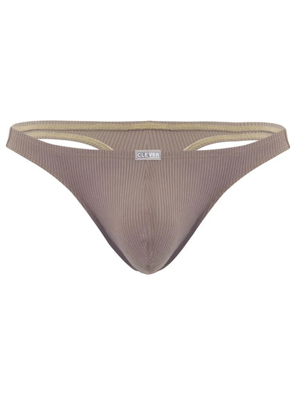 Beige ribbed cotton briefs with subtle gold trim and clever brand label for minimalist sophistication and fit