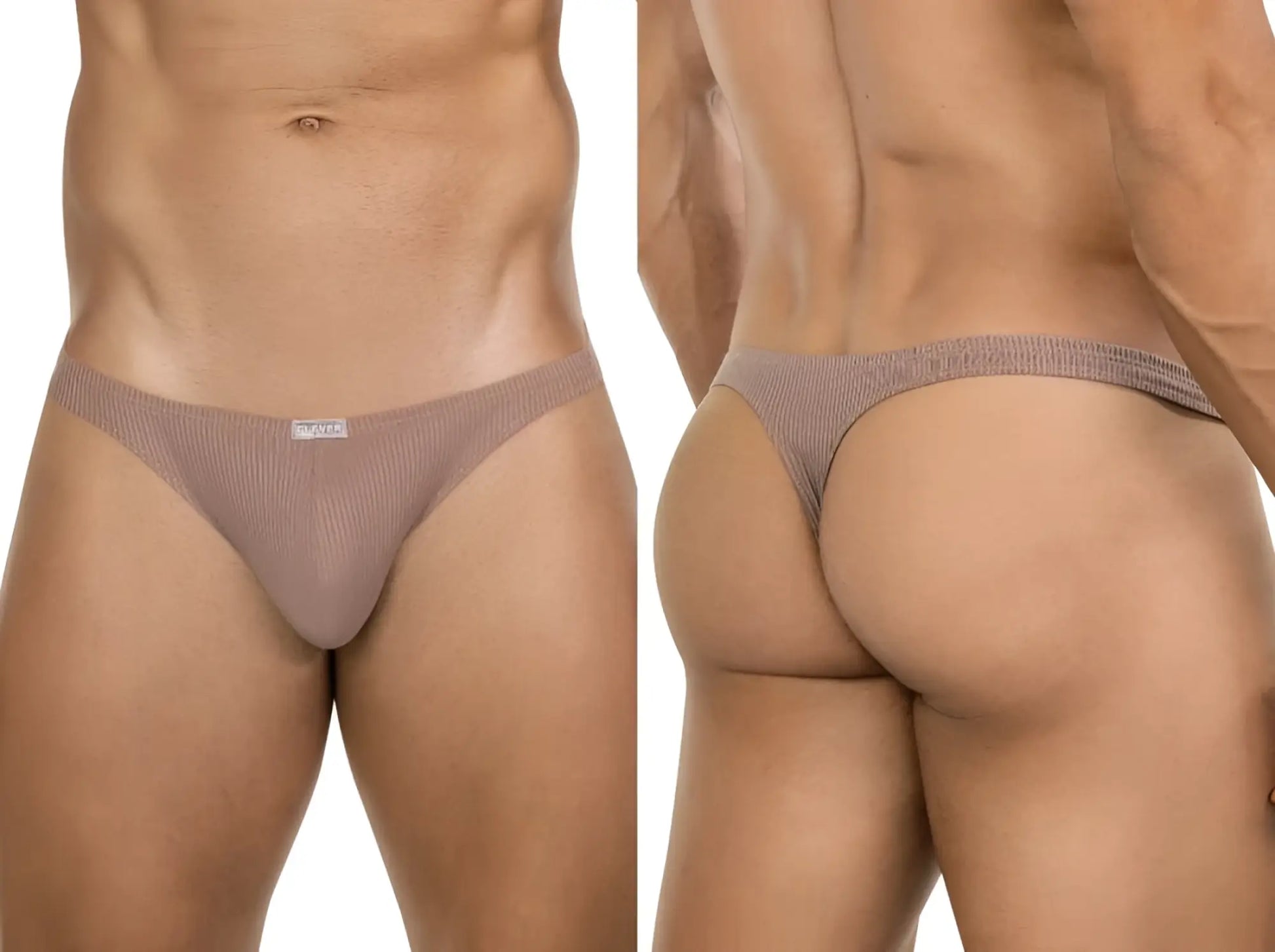 Beige ribbed mesh clever 26021 apolo thong with small white brand tag in front for minimalist sophistication and fit
