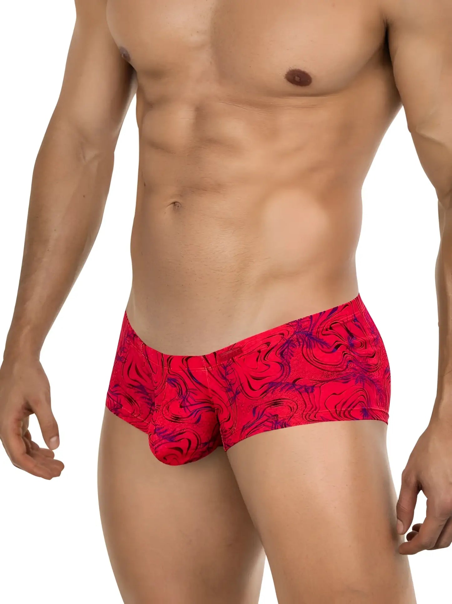 Vibrant red clever 26026 helion trunks with swirling purple and black abstract pattern in bold modern style