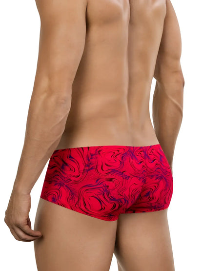 Men’s briefs clever 26026 helion trunks in red with bold purple marbled pattern for vibrant modern style