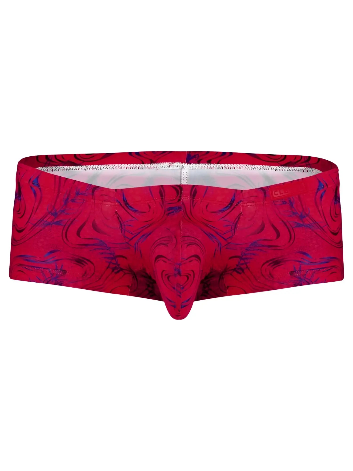 Vibrant red and purple marbled patterned clever 26026 helion men’s briefs with a distinctive front design