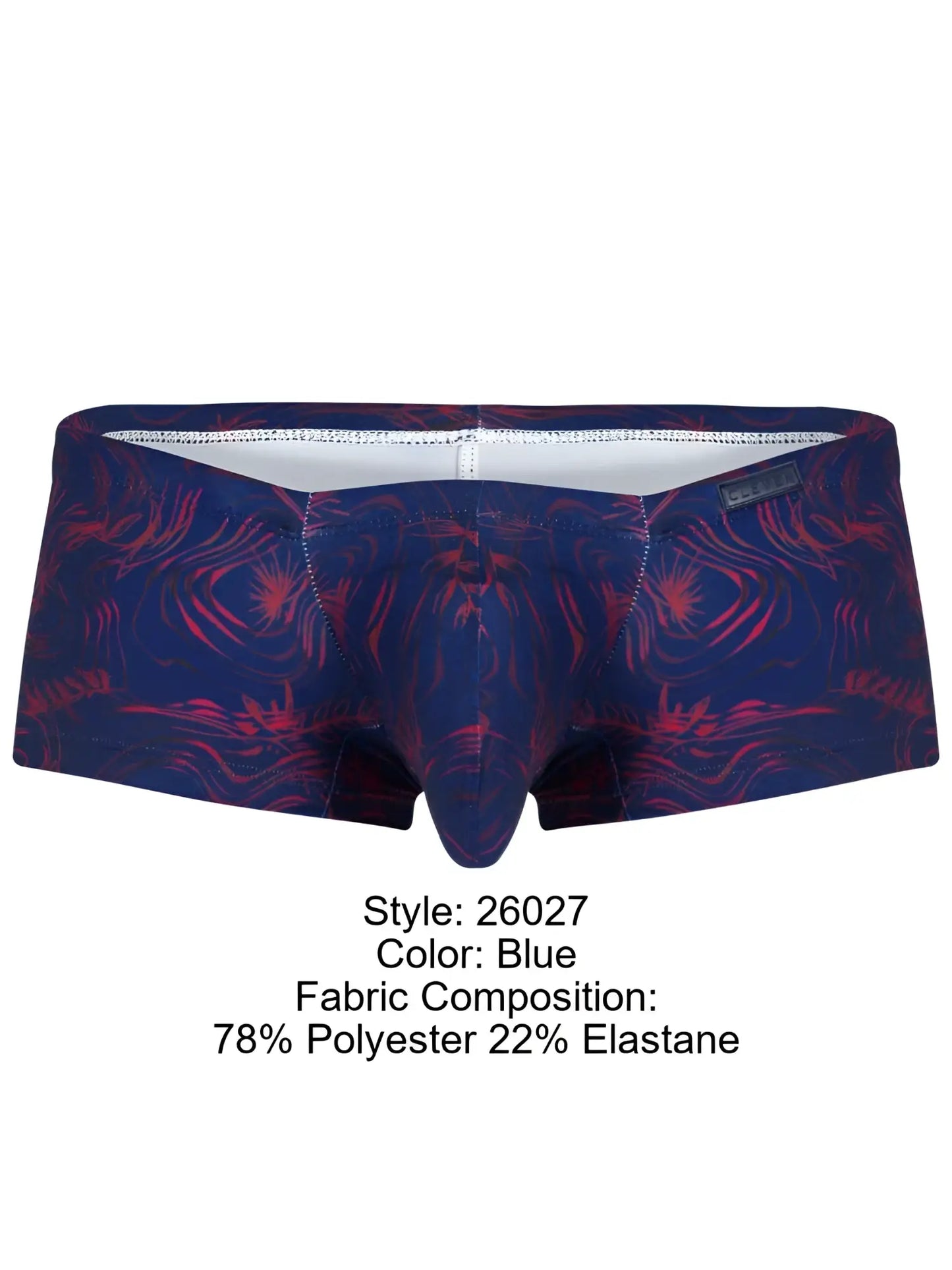 Blue boxer briefs with vibrant red and navy abstract floral pattern made of 78% polyester and 22% elastane by Clever